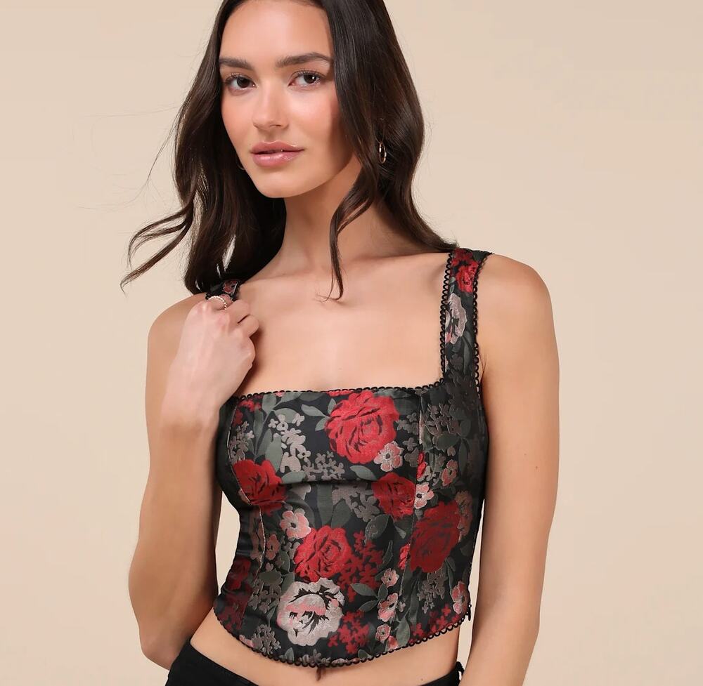 NIA | Elizabeth Corset Top Red and Black Floral Jacquard | Extra Small